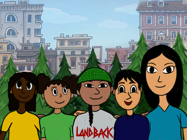 Young people outside in different colored shirts with a city background behind them.